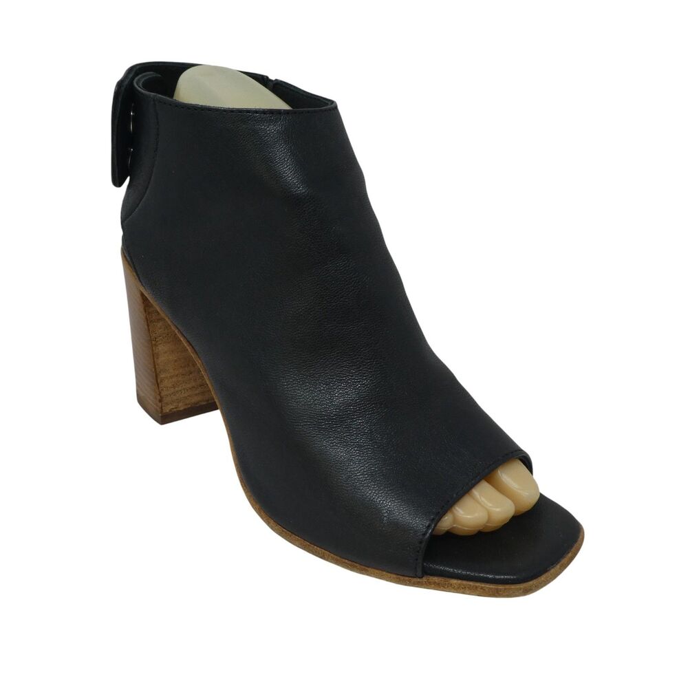 Mimosa Black Leather‎ Peep Toe Block Heel Ankle Boots Booties